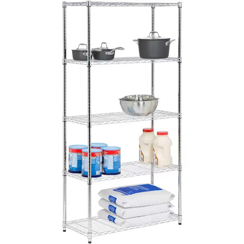 Étagère de rangement chromée à 5 niveaux 18" x 36" x 72" : Étagères grillagées, acier, capacité de 158 kg, rangement universel