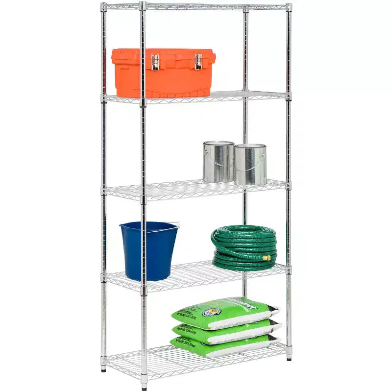 Étagère de rangement chromée à 5 niveaux 18" x 36" x 72" : Étagères grillagées, acier, capacité de 158 kg, rangement universel