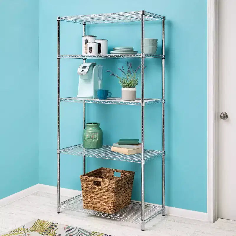 Étagère de rangement chromée à 5 niveaux 18" x 36" x 72" : Étagères grillagées, acier, capacité de 158 kg, rangement universel