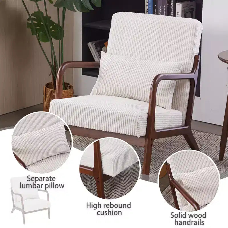 Fauteuil d'appoint moderne du milieu du siècle avec oreiller et cadre en bois massif, fauteuil rembourré pour salon, chambre ou coin lecture