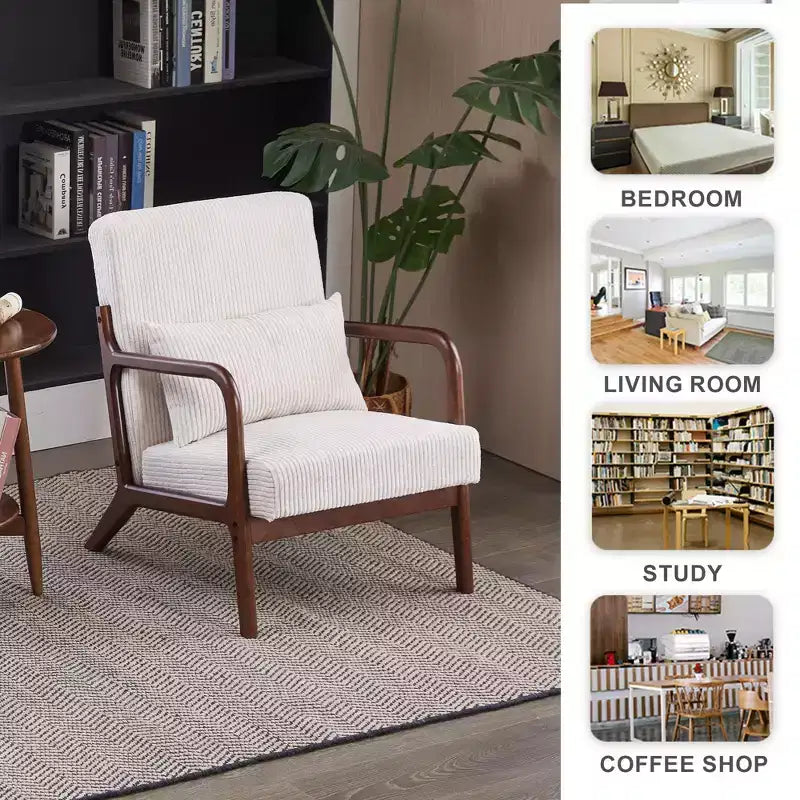 Fauteuil d'appoint moderne du milieu du siècle avec oreiller et cadre en bois massif, fauteuil rembourré pour salon, chambre ou coin lecture