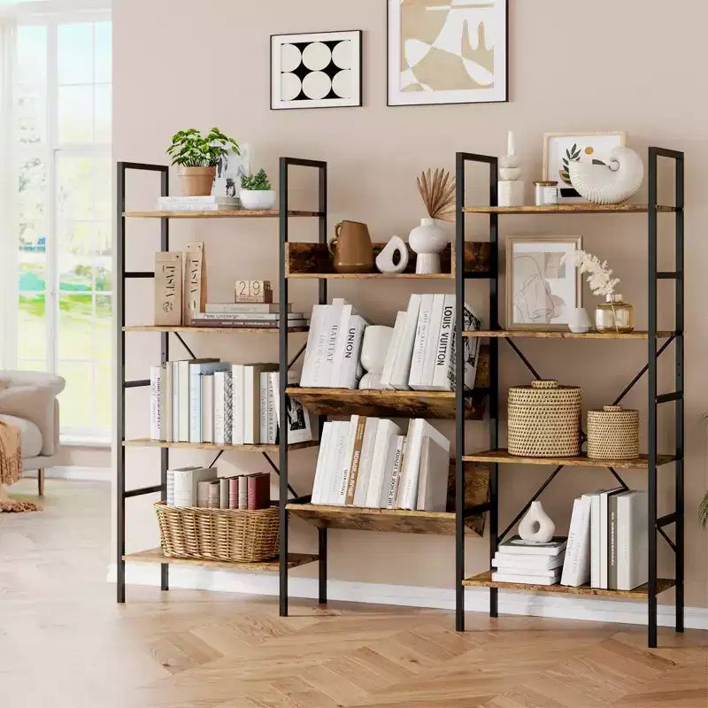 Étagère Bibliothèque Industrielle, Triple Largeur 4 Niveaux Étagère Industrielle avec 11 Étagères Ouvertes, Étagères Ouvertes pour Platine Vinyle avec Cadre Métallique pour Salon