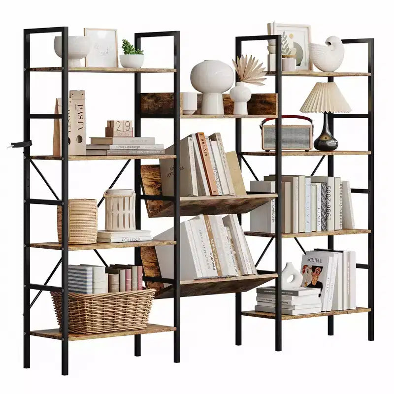 Étagère Bibliothèque Industrielle, Triple Largeur 4 Niveaux Étagère Industrielle avec 11 Étagères Ouvertes, Étagères Ouvertes pour Platine Vinyle avec Cadre Métallique pour Salon