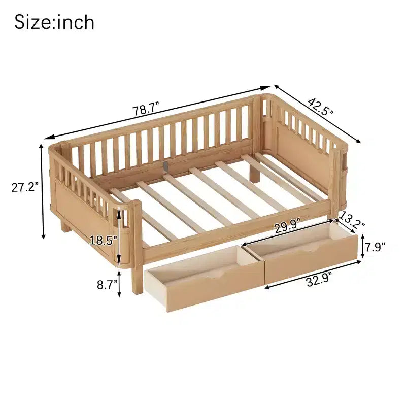 Lit plateforme en bois, moderne et élégant, de taille double, avec barrières de sécurité pour filles et garçons