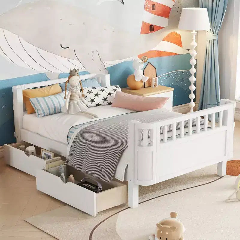 Lit plateforme en bois, moderne et élégant, de taille double, avec barrières de sécurité pour filles et garçons