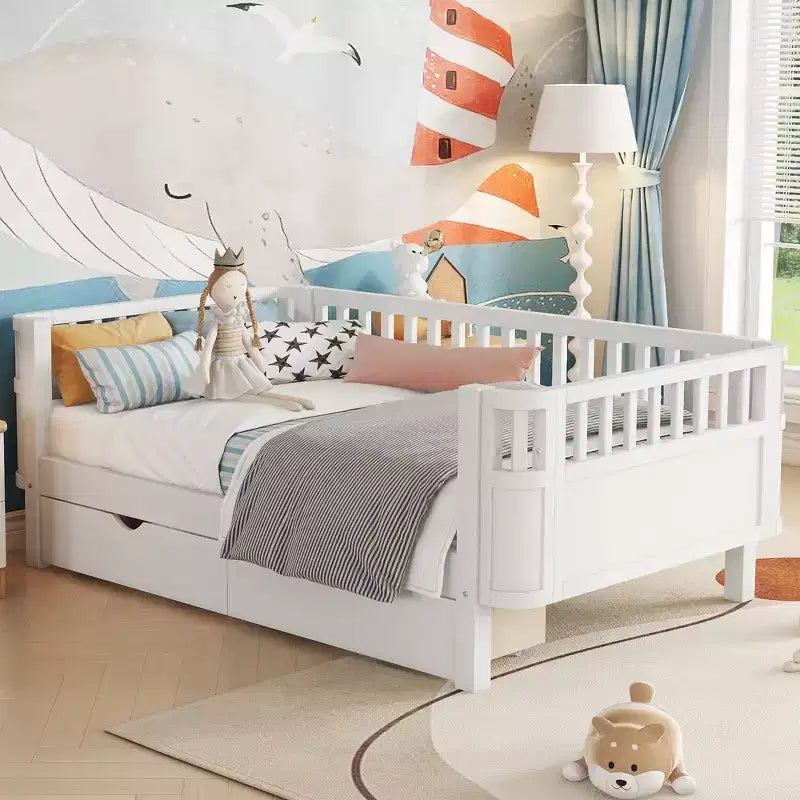Lit plateforme en bois, moderne et élégant, de taille double, avec barrières de sécurité pour filles et garçons