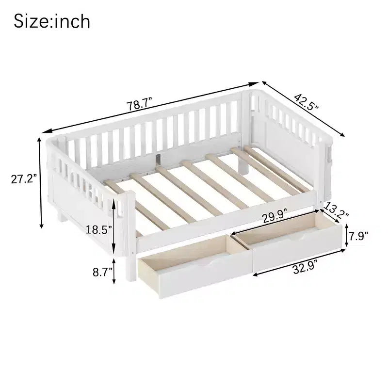 Lit plateforme en bois, moderne et élégant, de taille double, avec barrières de sécurité pour filles et garçons