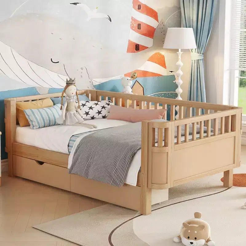 Lit plateforme en bois, moderne et élégant, de taille double, avec barrières de sécurité pour filles et garçons