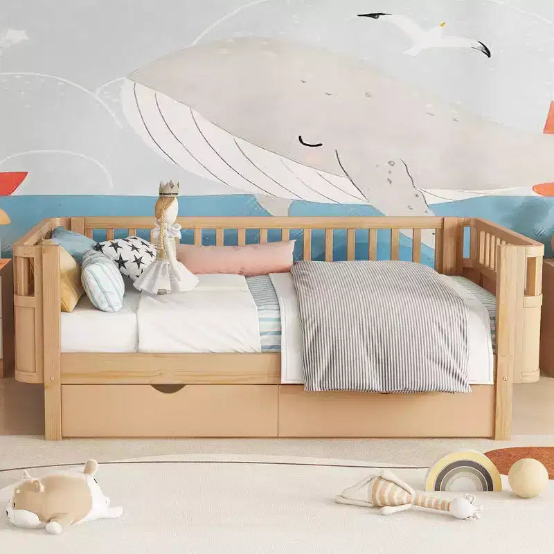 Lit plateforme en bois, moderne et élégant, de taille double, avec barrières de sécurité pour filles et garçons