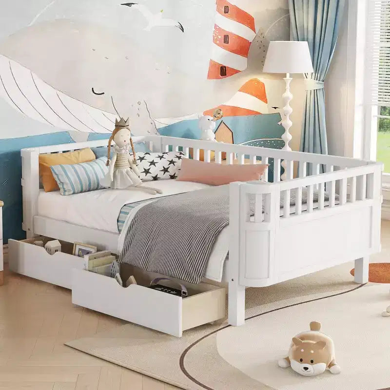Lit plateforme en bois, moderne et élégant, de taille double, avec barrières de sécurité pour filles et garçons