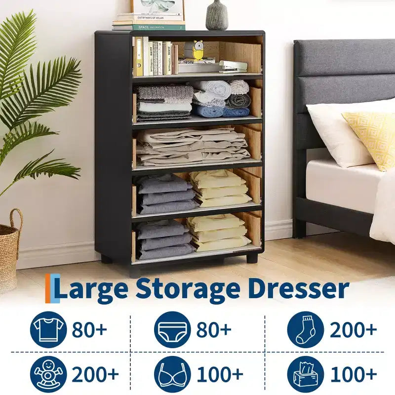 Commode à 5 tiroirs pour chambre à coucher, commode haute en bois de 46 po avec poignées en métal, meuble TV robuste pour salon, organisateur de rangement pour placard