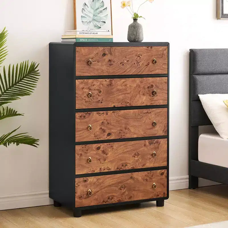 Commode à 5 tiroirs pour chambre à coucher, commode haute en bois de 46 po avec poignées en métal, meuble TV robuste pour salon, organisateur de rangement pour placard