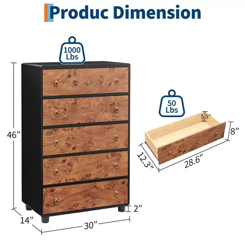 Commode à 5 tiroirs pour chambre à coucher, commode haute en bois de 46 po avec poignées en métal, meuble TV robuste pour salon, organisateur de rangement pour placard