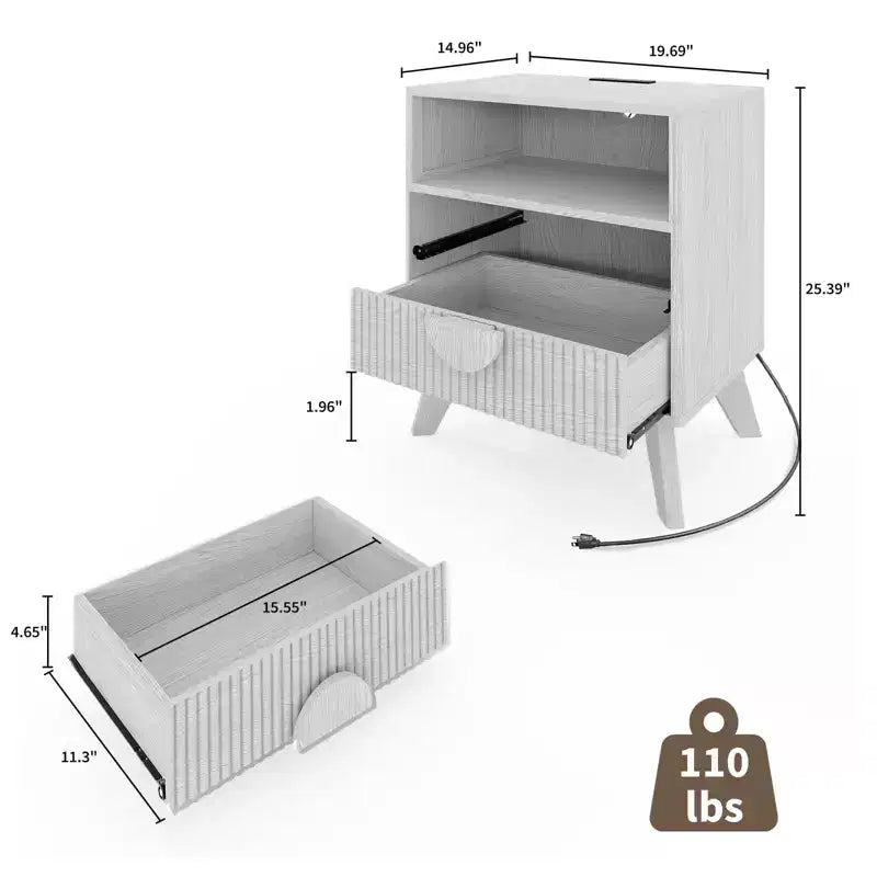 Table de chevet cannelée avec 2 tiroirs et étagère ouverte, Table de chevet moderne en bois pour chambre à coucher, Table d'appoint avec rangement pour salon