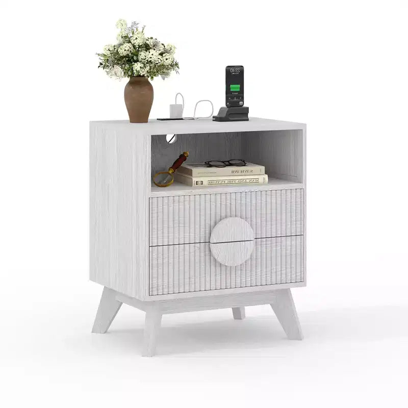 Table de chevet cannelée avec 2 tiroirs et étagère ouverte, Table de chevet moderne en bois pour chambre à coucher, Table d'appoint avec rangement pour salon