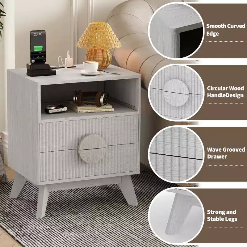 Table de chevet cannelée avec 2 tiroirs et étagère ouverte, Table de chevet moderne en bois pour chambre à coucher, Table d'appoint avec rangement pour salon