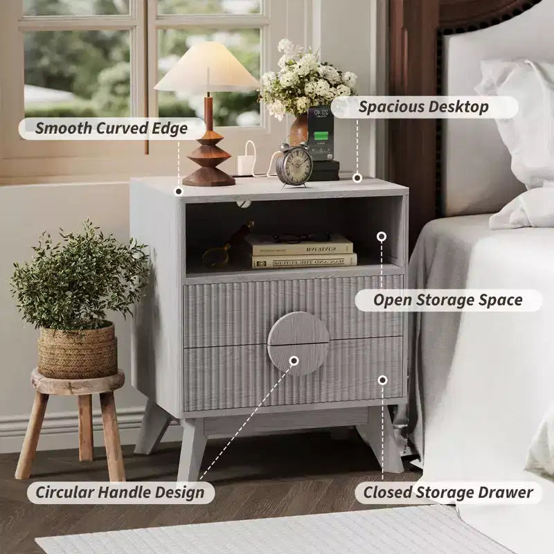 Table de chevet cannelée avec 2 tiroirs et étagère ouverte, Table de chevet moderne en bois pour chambre à coucher, Table d'appoint avec rangement pour salon
