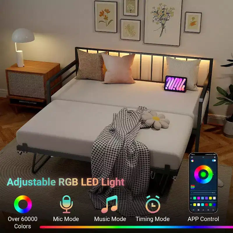 Lit de repos double avec lit gigogne escamotable, cadre de lit de repos en métal avec lumières LED, lit de repos double avec lit gigogne, lit de repos noir pour salon, chambre à coucher
