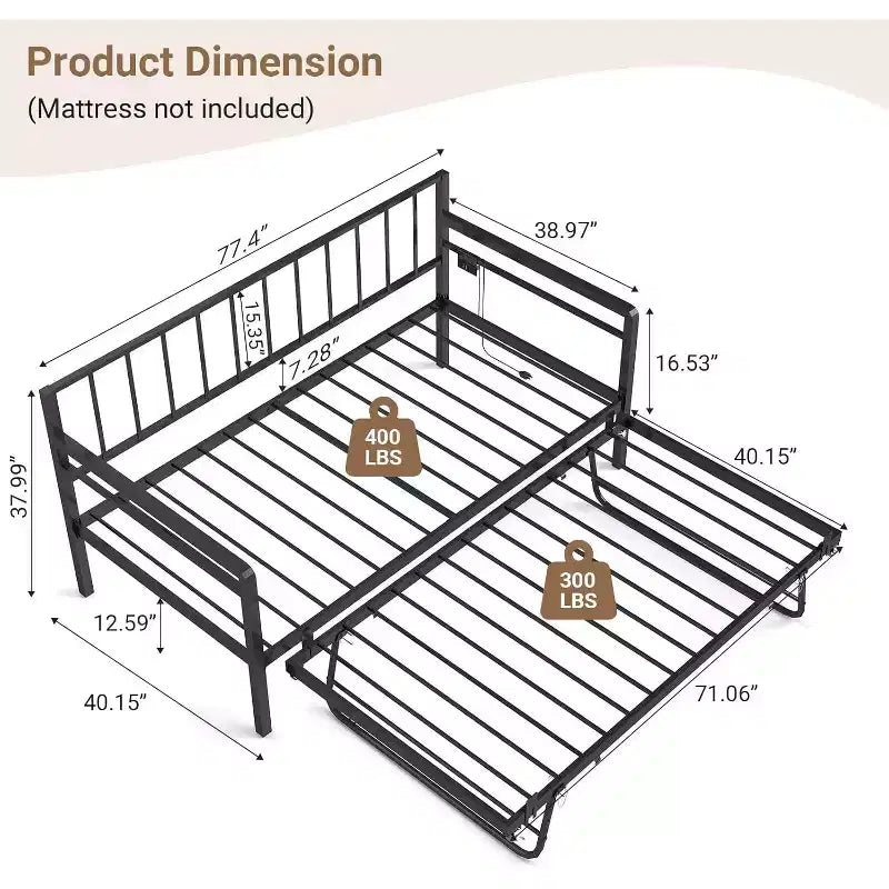 Lit de repos double avec lit gigogne escamotable, cadre de lit de repos en métal avec lumières LED, lit de repos double avec lit gigogne, lit de repos noir pour salon, chambre à coucher