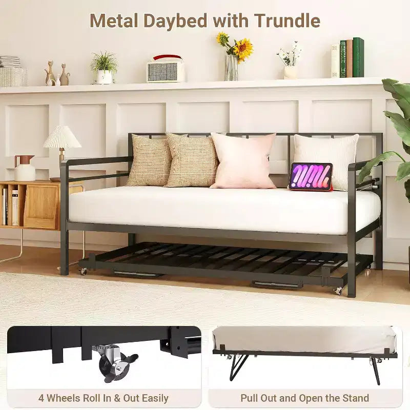 Lit de repos double avec lit gigogne escamotable, cadre de lit de repos en métal avec lumières LED, lit de repos double avec lit gigogne, lit de repos noir pour salon, chambre à coucher