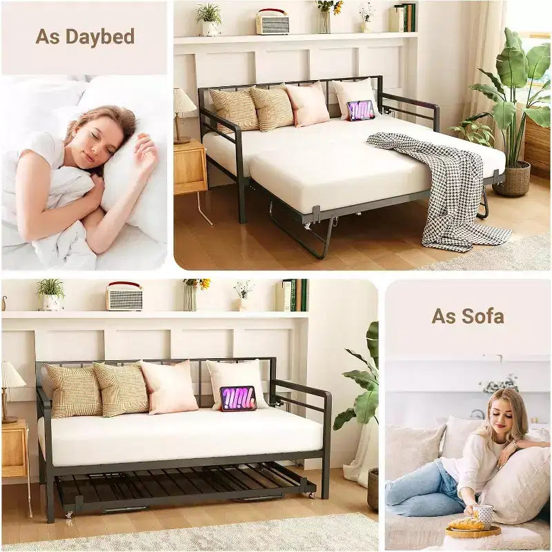 Lit de repos double avec lit gigogne escamotable, cadre de lit de repos en métal avec lumières LED, lit de repos double avec lit gigogne, lit de repos noir pour salon, chambre à coucher