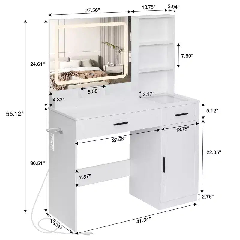 Coiffeuse avec station de charge et étagères de rangement, blanche, un meuble