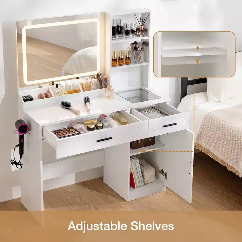Coiffeuse avec station de charge et étagères de rangement, blanche, un meuble