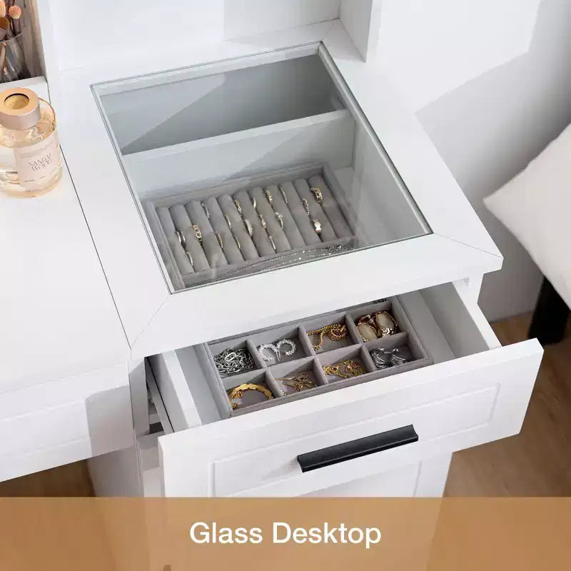 Coiffeuse avec station de charge et étagères de rangement, blanche, un meuble
