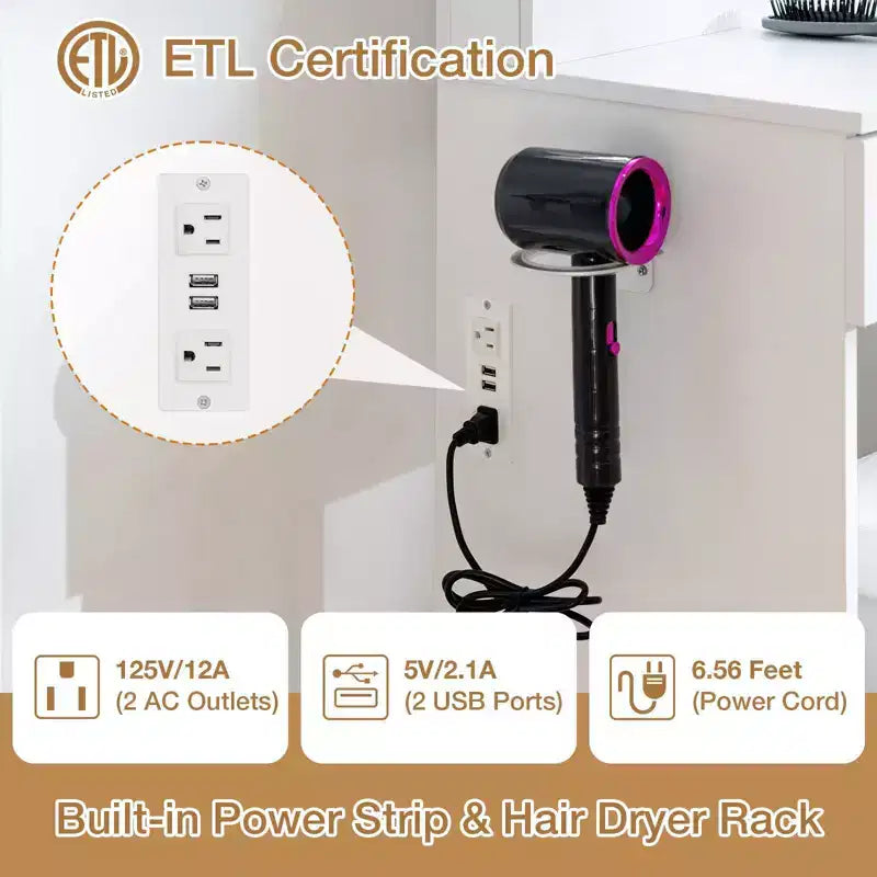 Coiffeuse avec station de charge et étagères de rangement, blanche, un meuble