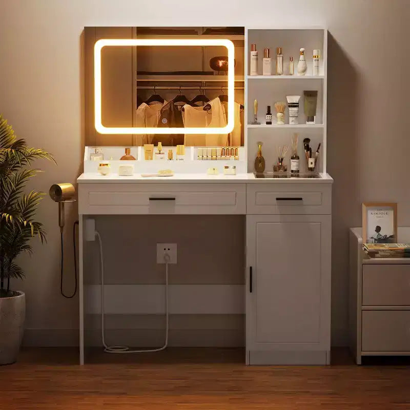 Coiffeuse avec station de charge et étagères de rangement, blanche, un meuble