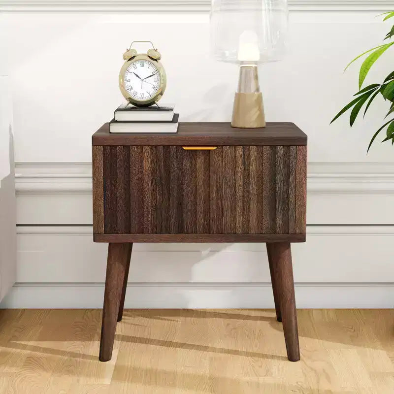 Dyonery 20 inch Walnut Fluted Nightstand Set of 1/2 Mid Century Modern End Table with Drawer Bedside Table Solid Wood End Side Table for Living Room