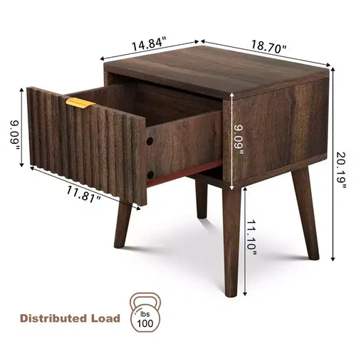 Table de chevet cannelée en noyer de 20 pouces, lot de 1/2, table d'appoint moderne du milieu du siècle avec tiroir, table de chevet, table d'appoint en bois massif pour le salon