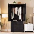 Wardrobe Closet, 69.5 Wooden Wardrobe Cabinet with 3 Drawers, Hanging Rod, 2 Rattan Doors Clothing Storage Cabinet for Bedroom, Large Capacity
