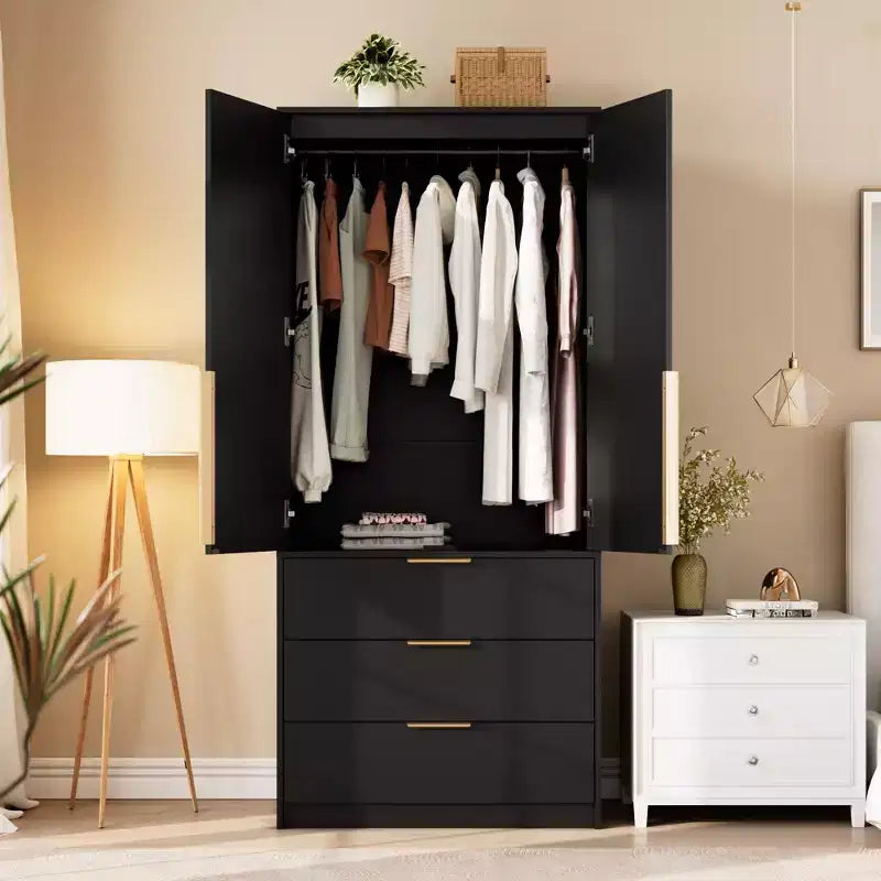 Wardrobe Closet, 69.5 Wooden Wardrobe Cabinet with 3 Drawers, Hanging Rod, 2 Rattan Doors Clothing Storage Cabinet for Bedroom, Large Capacity