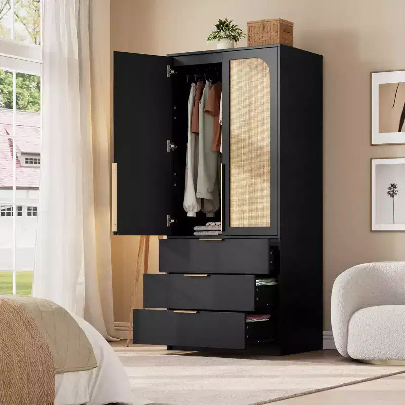 Armoire de rangement, armoire en bois de 69,5 po avec 3 tiroirs, tringle à vêtements, 2 portes en rotin, grande capacité de rangement pour vêtements de chambre à coucher