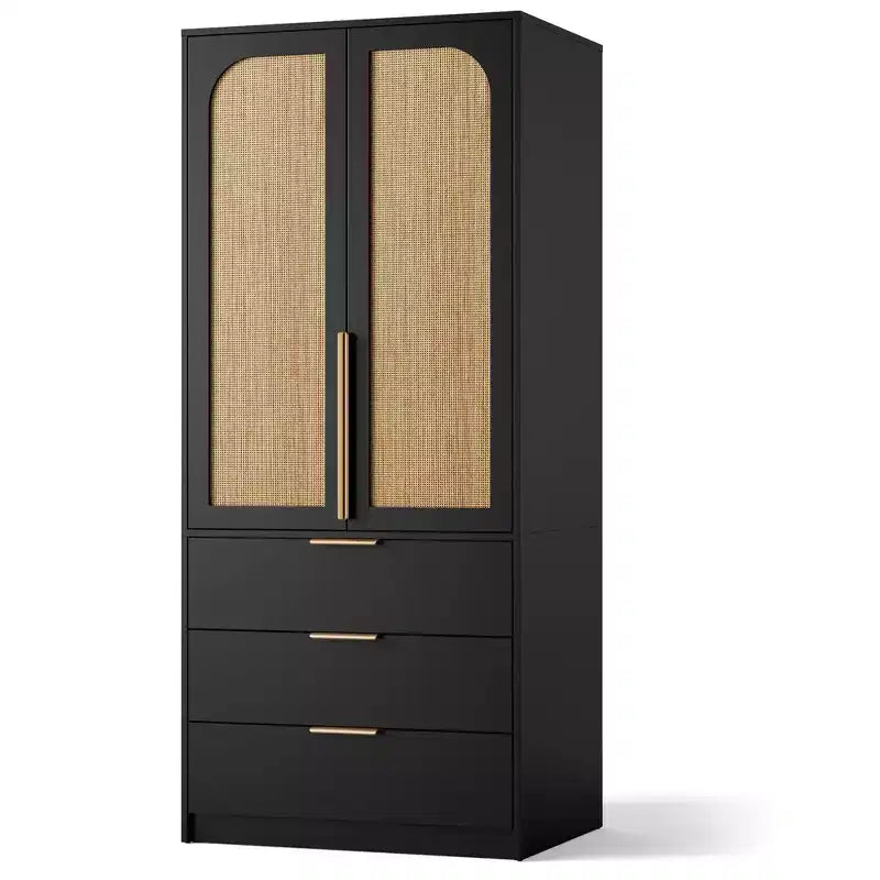 Armoire de rangement, armoire en bois de 69,5 po avec 3 tiroirs, tringle à vêtements, 2 portes en rotin, grande capacité de rangement pour vêtements de chambre à coucher