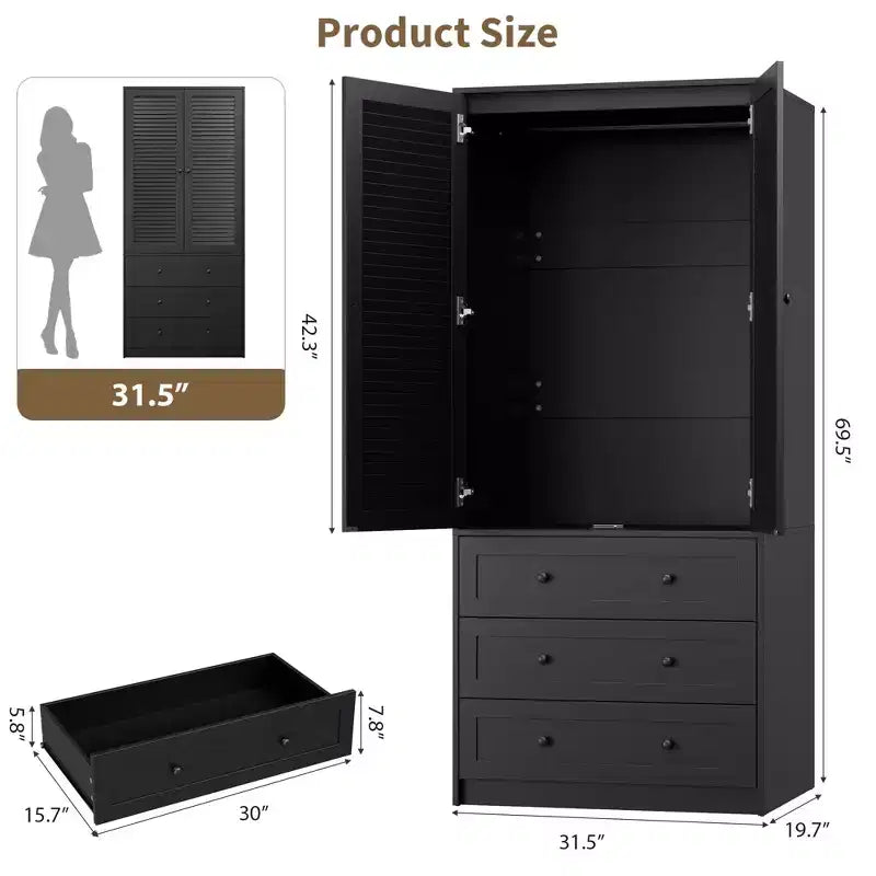 Armoire de rangement, armoire en bois de 69,5 po avec 3 tiroirs, tringle à vêtements, 2 portes en rotin, grande capacité de rangement pour vêtements de chambre à coucher