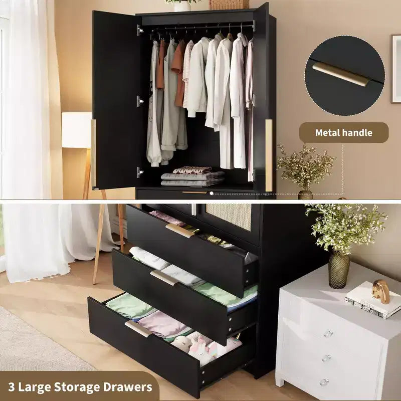 Armoire de rangement, armoire en bois de 69,5 po avec 3 tiroirs, tringle à vêtements, 2 portes en rotin, grande capacité de rangement pour vêtements de chambre à coucher