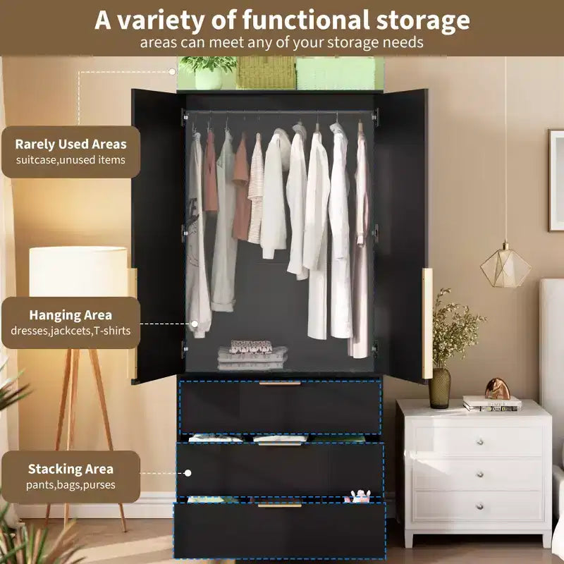Armoire de rangement, armoire en bois de 69,5 po avec 3 tiroirs, tringle à vêtements, 2 portes en rotin, grande capacité de rangement pour vêtements de chambre à coucher