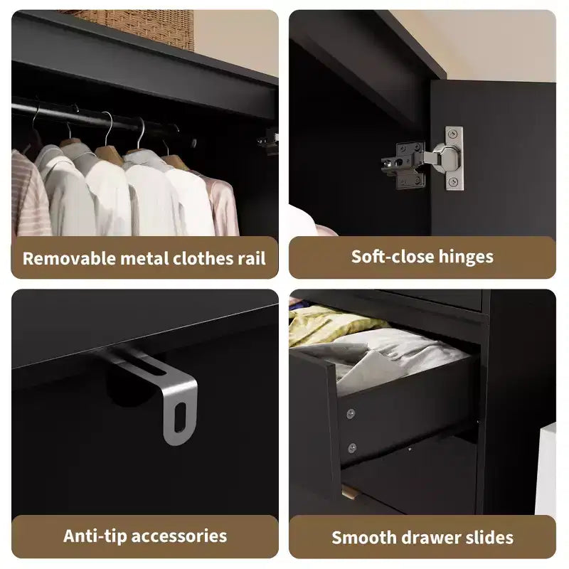 Armoire de rangement, armoire en bois de 69,5 po avec 3 tiroirs, tringle à vêtements, 2 portes en rotin, grande capacité de rangement pour vêtements de chambre à coucher