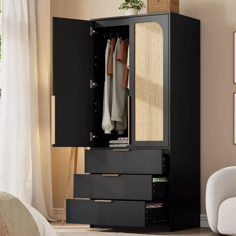 Armoire de rangement, armoire en bois de 69,5 po avec 3 tiroirs, tringle à vêtements, 2 portes en rotin, grande capacité de rangement pour vêtements de chambre à coucher