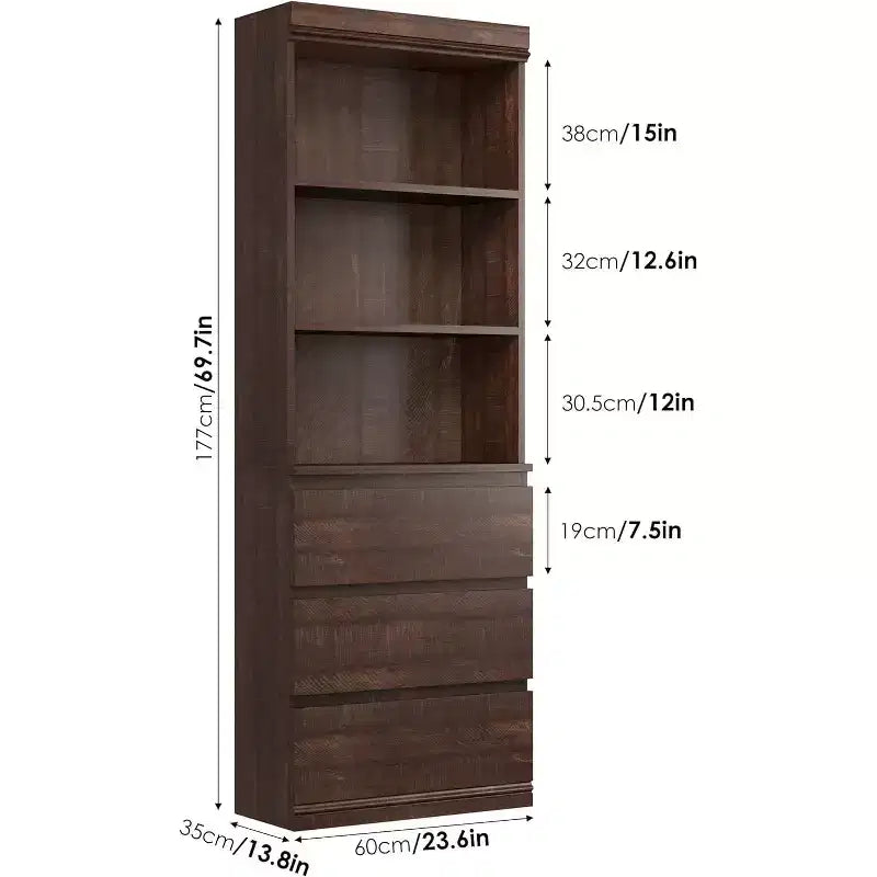 Bibliothèque haute de 70 cm avec tiroirs, étagère profonde en bois, armoire de rangement, style rustique, bureau/salon, marron