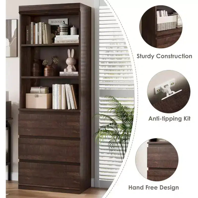 Bibliothèque haute de 70 cm avec tiroirs, étagère profonde en bois, armoire de rangement, style rustique, bureau/salon, marron