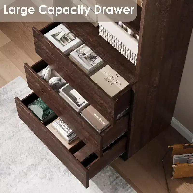 Bibliothèque haute de 70 cm avec tiroirs, étagère profonde en bois, armoire de rangement, style rustique, bureau/salon, marron