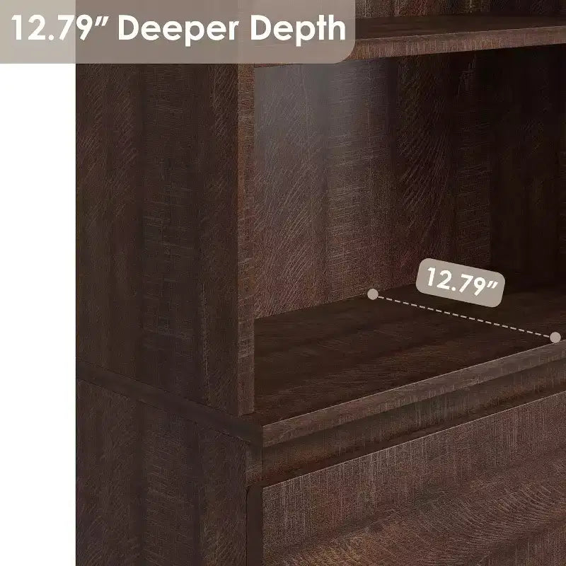 Bibliothèque haute de 70 cm avec tiroirs, étagère profonde en bois, armoire de rangement, style rustique, bureau/salon, marron