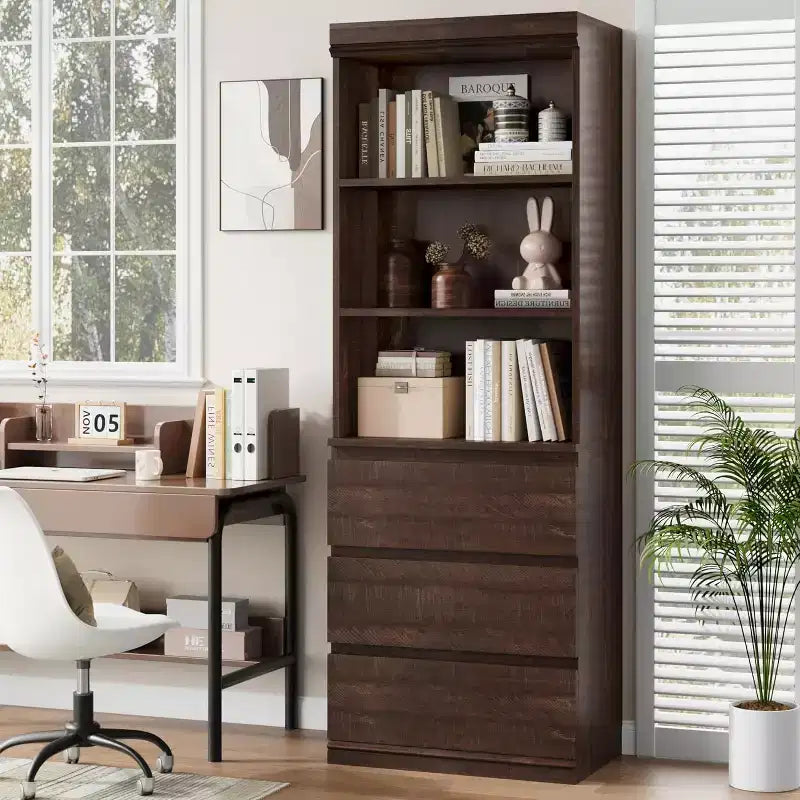 Bibliothèque haute de 70 cm avec tiroirs, étagère profonde en bois, armoire de rangement, style rustique, bureau/salon, marron