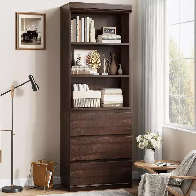 Bibliothèque haute de 70 cm avec tiroirs, étagère profonde en bois, armoire de rangement, style rustique, bureau/salon, marron