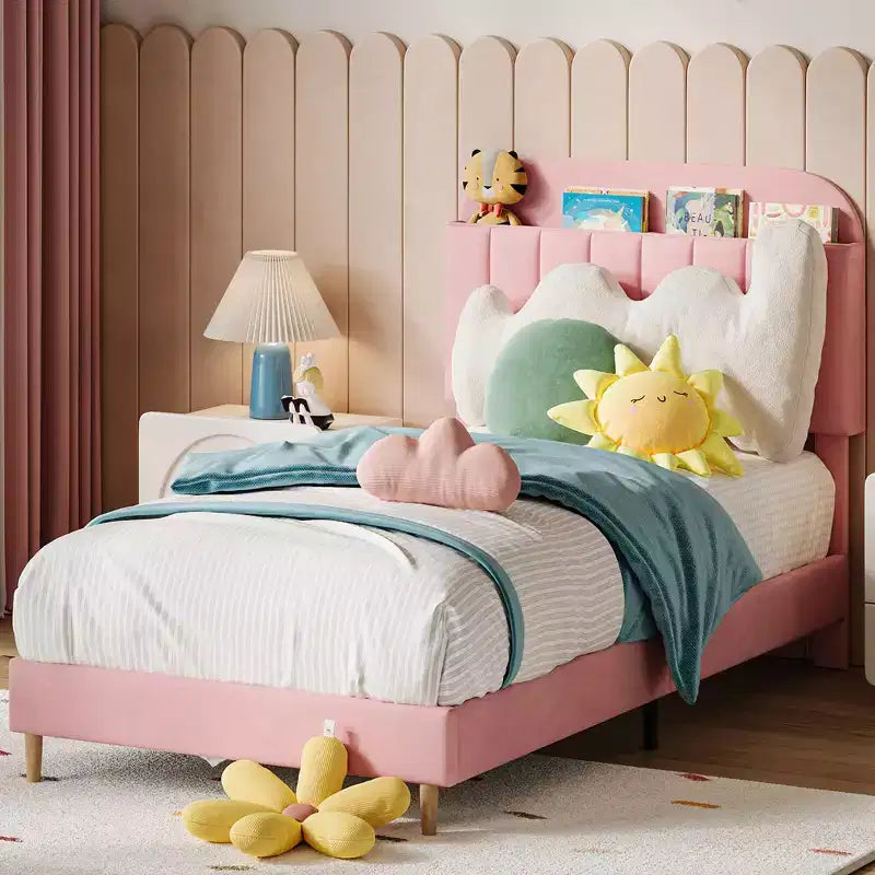 Upholstered Velvet Platform Bed Frame with Bookcase Headboard, Bed with Steel Support Legs, Noise-Free, Easy Assembly, Mattress Foundation