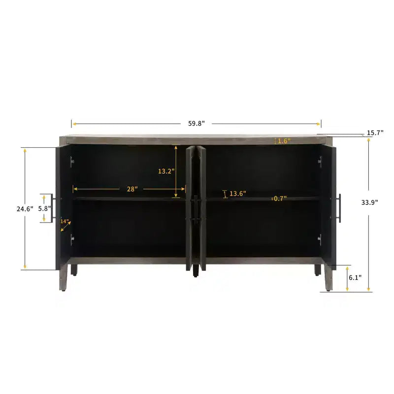 Buffet bahut de 152 cm, Armoire de rangement vintage en bois avec 4 portes et étagère réglable, Meuble d'appoint pour salon