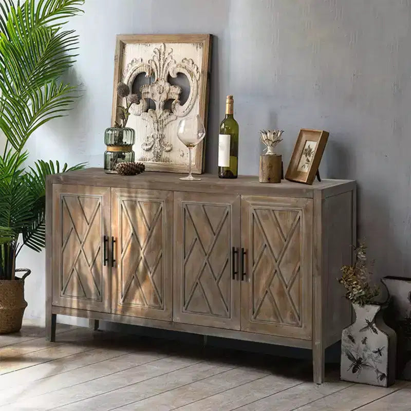 Buffet bahut de 152 cm, Armoire de rangement vintage en bois avec 4 portes et étagère réglable, Meuble d'appoint pour salon